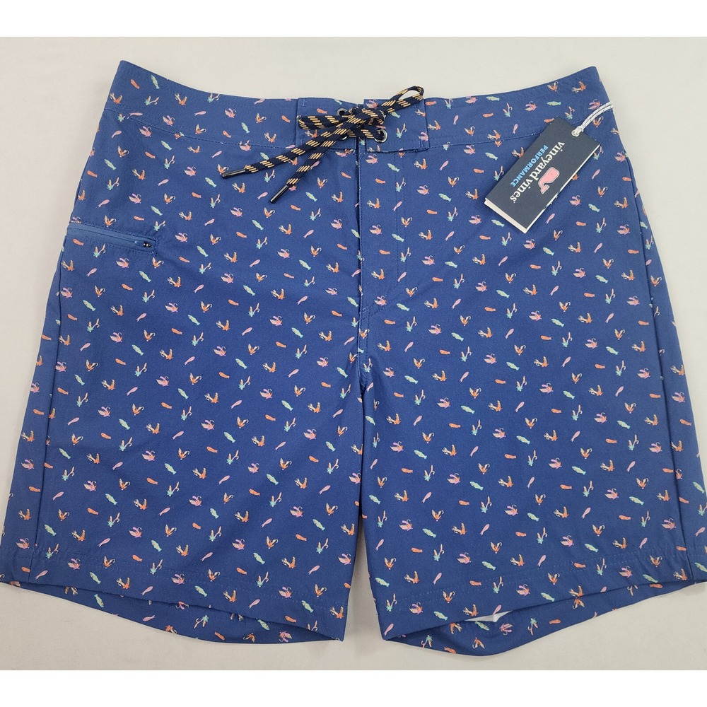 Vineyard Vines Performance swim trunks shorts W 32 blue fish pocket zip 7" mens